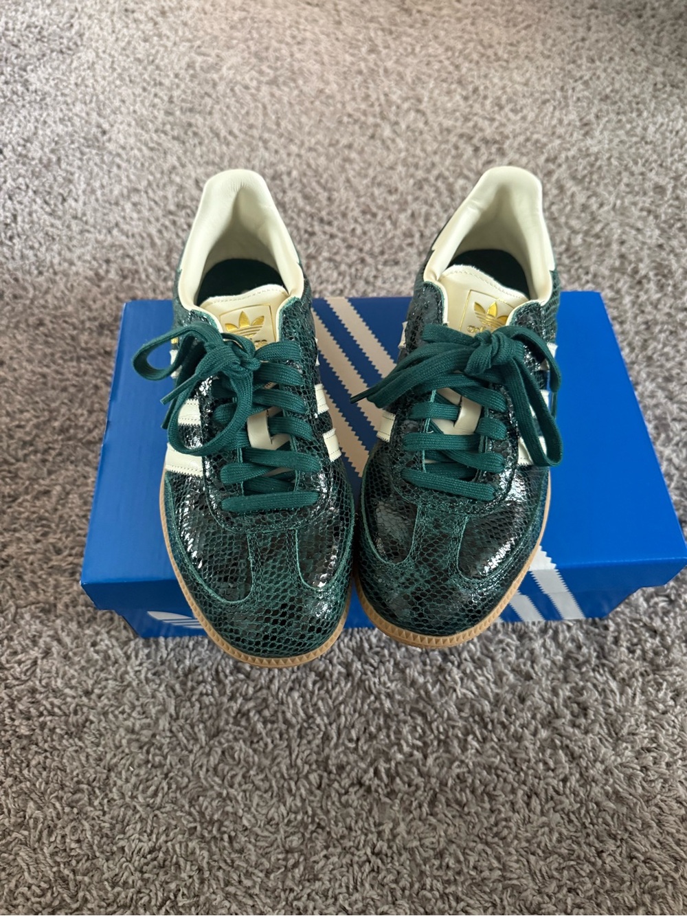 Adidas women’s Samba Sneakers in Green Snakeskin with White Stripes and Gum Sole - Picture 7 of 9